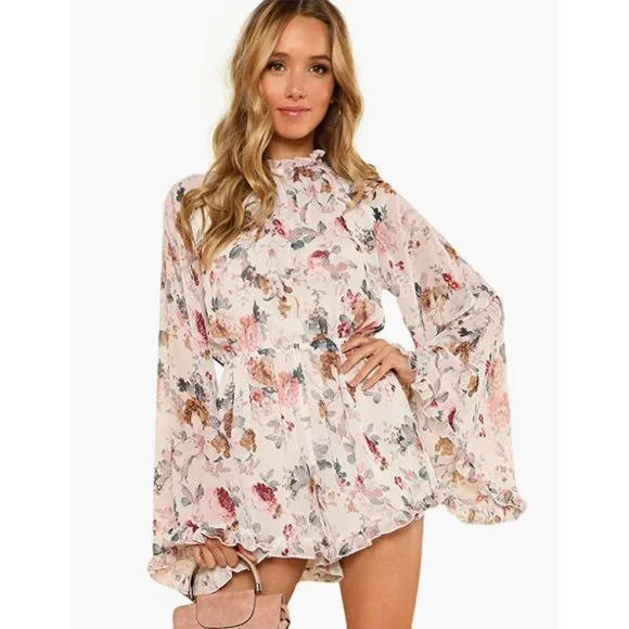 White Floral Print Chiffon Ruffle Long Flare Bell Sleeve Romper Playsuit Dress - Picture 1 of 8